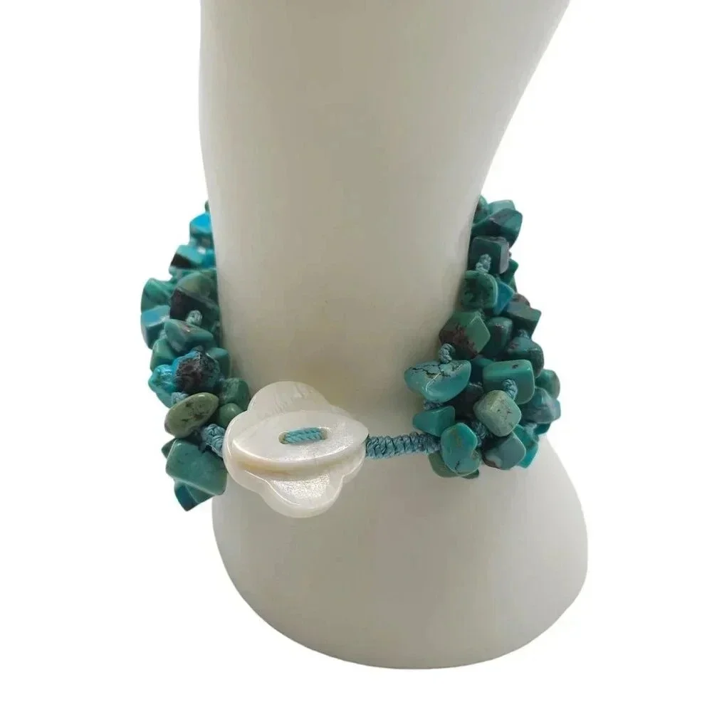 Blue Turquoise Chips Multi Strand Bangle Bracelet Toggle Closure Vintage
